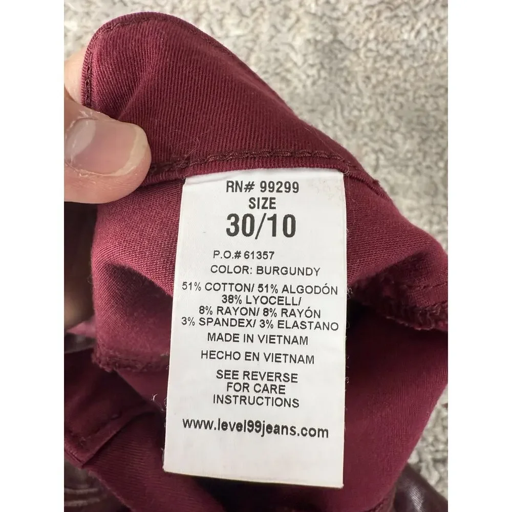 Level 99 Size 30/10 Stretch Casual Minimalist Jeans Maroon Button Zip‎